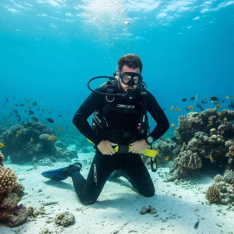 A scuba diver adjusting weights on a weight belt