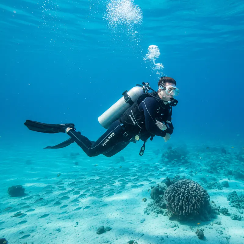 A scuba diver practicing buoyancy control near a reef