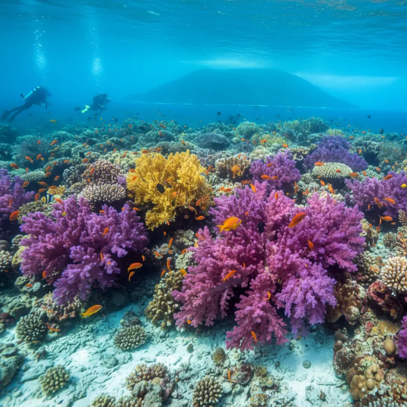 Diver swimming near soft corals in Fiji