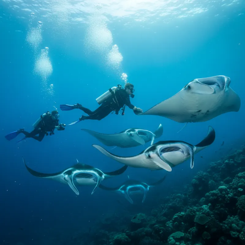 Divers observing manta rays at a cleaning station