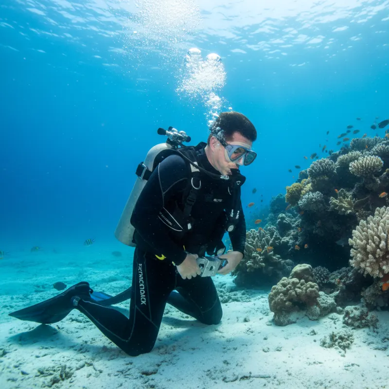 Diver ensuring weight belt is secure.