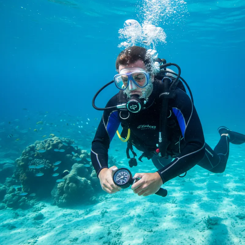Diver checking air pressure gauge and testing regulator.